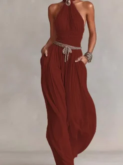 Combinaison-pantalon dos nu à smocks et jambes larges froncée et texturée style vacances décontractée avec poches