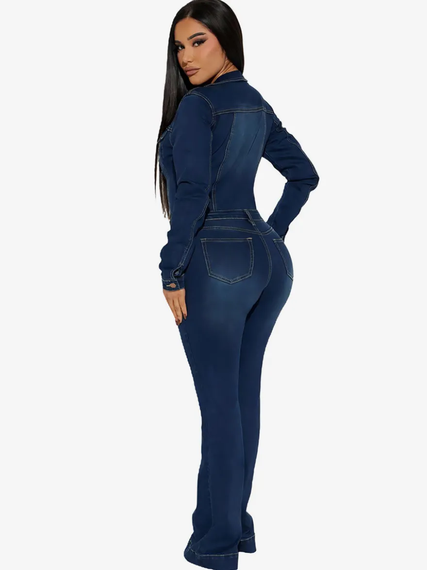 Combinaison-pantalon évasée en denim délavé pour femme - Combinaison-pantalon en coton bleu foncé à manches longues et coupe bootcut - Collection streetwear printemps 2026