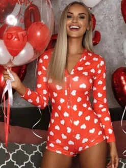 Combinaison pyjama imprimée lèvres pour femme - Combinaison moulante sexy à manches longues et col en V boutonnée sur le devant - Saint-Valentin 2026