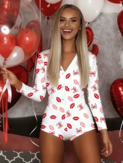 Combinaison pyjama imprimée lèvres pour femme - Combinaison moulante sexy à manches longues et col en V boutonnée sur le devant - Saint-Valentin 2026