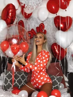 Combinaison pyjama imprimée lèvres pour femme - Combinaison moulante sexy à manches longues et col en V boutonnée sur le devant - Saint-Valentin 2026