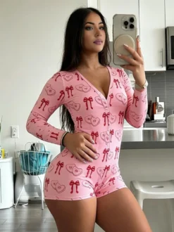 Combinaison pyjama imprimée lèvres pour femme - Combinaison moulante sexy à manches longues et col en V boutonnée sur le devant - Saint-Valentin 2026