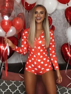 Combinaison pyjama imprimée lèvres pour femme - Combinaison moulante sexy à manches longues et col en V boutonnée sur le devant - Saint-Valentin 2026
