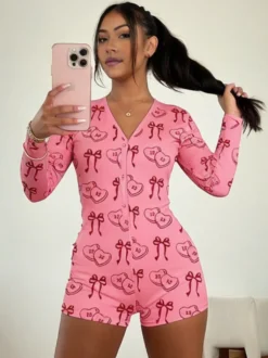 Combinaison pyjama imprimée lèvres pour femme - Combinaison moulante sexy à manches longues et col en V boutonnée sur le devant - Saint-Valentin 2026