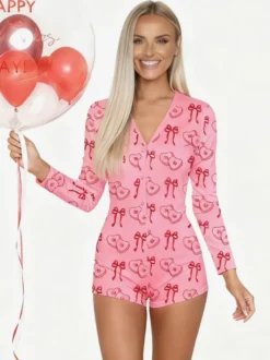 Combinaison pyjama imprimée lèvres pour femme - Combinaison moulante sexy à manches longues et col en V boutonnée sur le devant - Saint-Valentin 2026