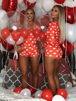 Combinaison pyjama imprimée lèvres pour femme - Combinaison moulante sexy à manches longues et col en V boutonnée sur le devant - Saint-Valentin 2026