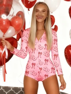 Combinaison pyjama imprimée lèvres pour femme - Combinaison moulante sexy à manches longues et col en V boutonnée sur le devant - Saint-Valentin 2026
