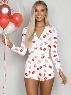 Combinaison pyjama imprimée lèvres pour femme - Combinaison moulante sexy à manches longues et col en V boutonnée sur le devant - Saint-Valentin 2026