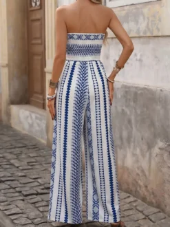 Combinaison rayée sans bretelles à jambes larges et smocks pour femme style bohème tenue de plage