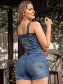 Combinaison short en jean slim pour femme - Combinaison short sexy bleue à boutons et effet déchiré - Idéale pour les fêtes d'été en extérieur 2026