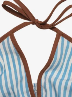 Combinaison short rayée dos nu couleur chocolat bordures contrastées lien à nouer dans le dos taille élastique poches idéale pour les vacances