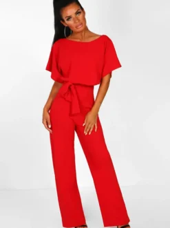 Combinaisons Longs Femme avec Manches Courtes Coupe Cintrée à Lacets Unicolore