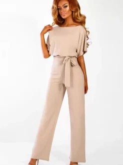 Combinaisons Longs Femme avec Manches Courtes Coupe Cintrée à Lacets Unicolore