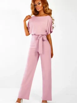 Combinaisons Longs Femme avec Manches Courtes Coupe Cintrée à Lacets Unicolore