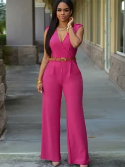 Combinaisons Longs Moulants Femmes avec Epaulés sans Manches à Col Décolleté en V Coupe Cintrée avec Ceinture Bas Evasée Unicolore Sexy