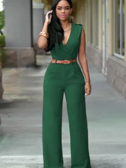 Combinaisons Longs Moulants Femmes avec Epaulés sans Manches à Col Décolleté en V Coupe Cintrée avec Ceinture Bas Evasée Unicolore Sexy