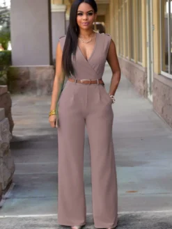 Combinaisons Longs Moulants Femmes avec Epaulés sans Manches à Col Décolleté en V Coupe Cintrée avec Ceinture Bas Evasée Unicolore Sexy
