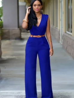 Combinaisons Longs Moulants Femmes avec Epaulés sans Manches à Col Décolleté en V Coupe Cintrée avec Ceinture Bas Evasée Unicolore Sexy