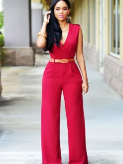 Combinaisons Longs Moulants Femmes avec Epaulés sans Manches à Col Décolleté en V Coupe Cintrée avec Ceinture Bas Evasée Unicolore Sexy