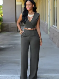 Combinaisons Longs Moulants Femmes avec Epaulés sans Manches à Col Décolleté en V Coupe Cintrée avec Ceinture Bas Evasée Unicolore Sexy