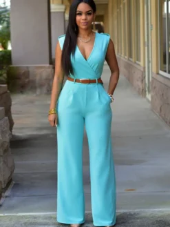 Combinaisons Longs Moulants Femmes avec Epaulés sans Manches à Col Décolleté en V Coupe Cintrée avec Ceinture Bas Evasée Unicolore Sexy