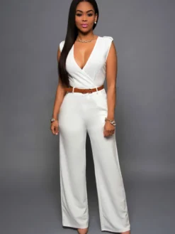 Combinaisons Longs Moulants Femmes avec Epaulés sans Manches à Col Décolleté en V Coupe Cintrée avec Ceinture Bas Evasée Unicolore Sexy
