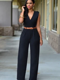 Combinaisons Longs Moulants Femmes avec Epaulés sans Manches à Col Décolleté en V Coupe Cintrée avec Ceinture Bas Evasée Unicolore Sexy