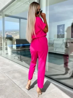 Combinaison Tenue Une Pièce D'Été Droite En Polyester À Manches Courtes Rose