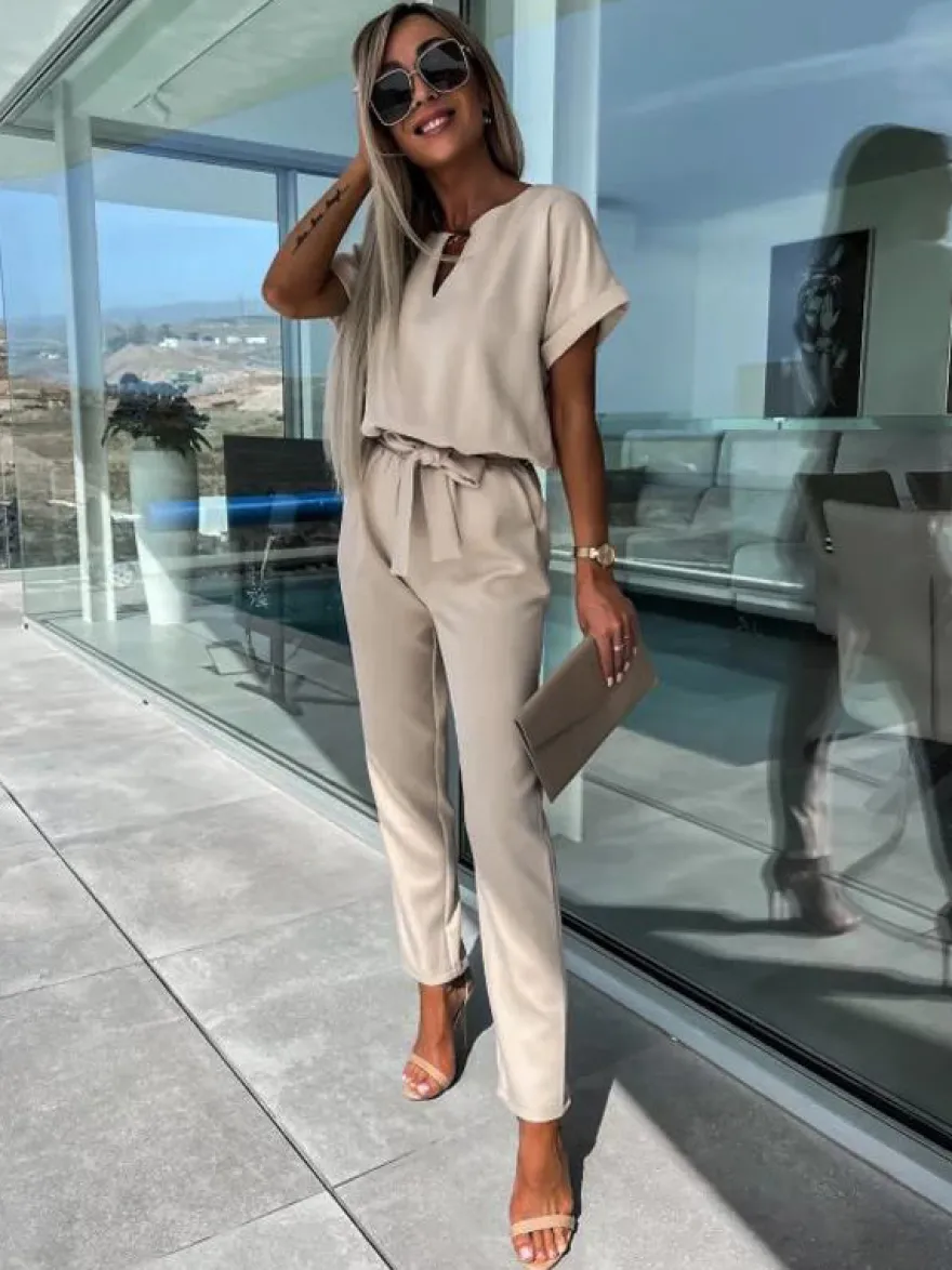 Combinaison Tenue Une Pièce D'Été Droite En Polyester À Manches Courtes Rose