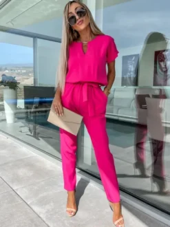 Combinaison Tenue Une Pièce D'Été Droite En Polyester À Manches Courtes Rose