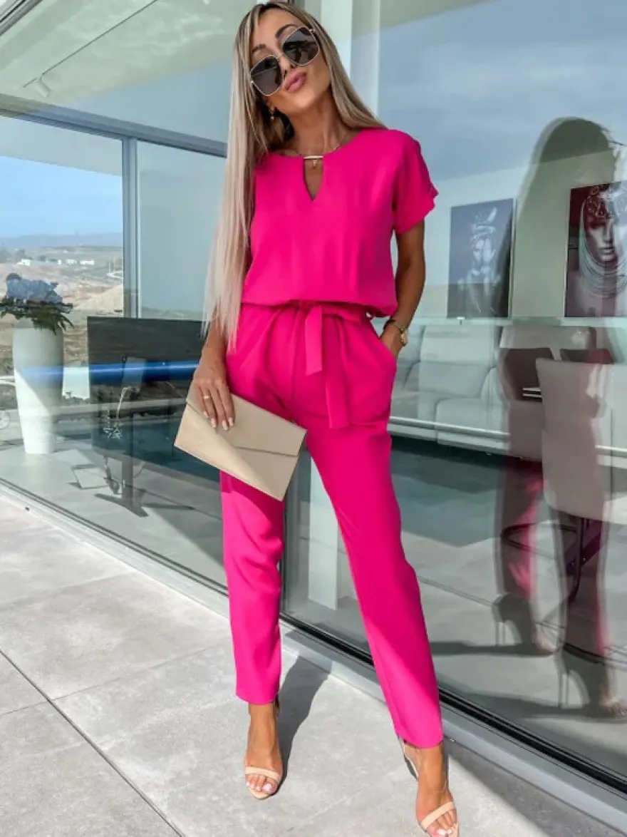 Combinaison Tenue Une Pièce D'Été Droite En Polyester À Manches Courtes Rose