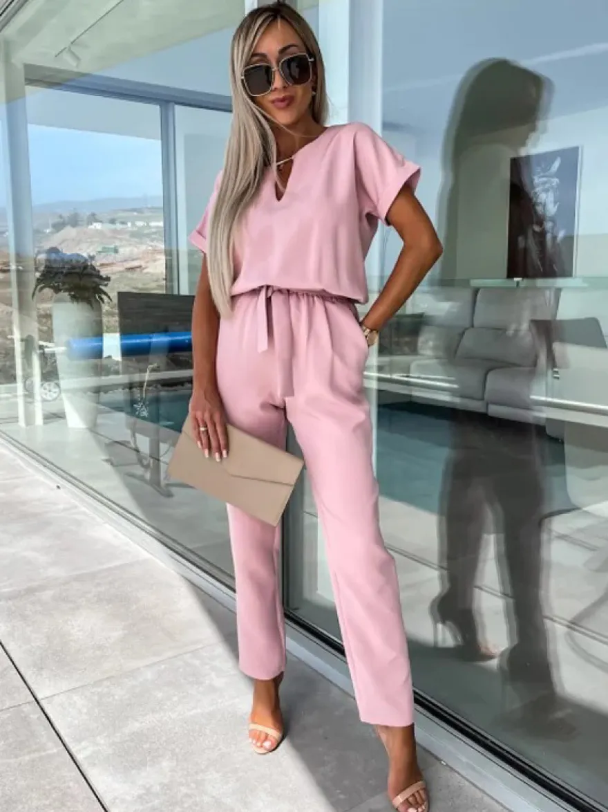 Combinaison Tenue Une Pièce D'Été Droite En Polyester À Manches Courtes Rose