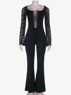 Combinaison évasée à lacets pour femme - Combinaison moulante à manches longues en dentelle florale gothique noire - Tenue de soirée printanière 2026