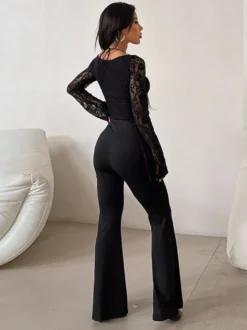 Combinaison évasée à lacets pour femme - Combinaison moulante à manches longues en dentelle florale gothique noire - Tenue de soirée printanière 2026