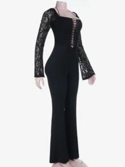 Combinaison évasée à lacets pour femme - Combinaison moulante à manches longues en dentelle florale gothique noire - Tenue de soirée printanière 2026