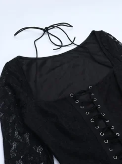 Combinaison évasée à lacets pour femme - Combinaison moulante à manches longues en dentelle florale gothique noire - Tenue de soirée printanière 2026