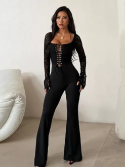 Combinaison évasée à lacets pour femme - Combinaison moulante à manches longues en dentelle florale gothique noire - Tenue de soirée printanière 2026