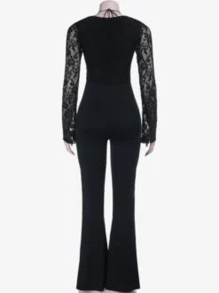 Combinaison évasée à lacets pour femme - Combinaison moulante à manches longues en dentelle florale gothique noire - Tenue de soirée printanière 2026