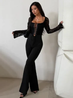 Combinaison évasée à lacets pour femme - Combinaison moulante à manches longues en dentelle florale gothique noire - Tenue de soirée printanière 2026
