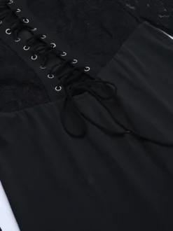Combinaison évasée à lacets pour femme - Combinaison moulante à manches longues en dentelle florale gothique noire - Tenue de soirée printanière 2026