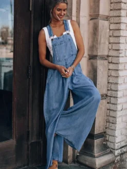 Combishort D'été Large En Jean Convertible Bleu Profond Sans Manches Avec Boutons