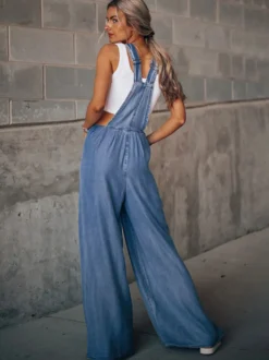Combishort D'été Large En Jean Convertible Bleu Profond Sans Manches Avec Boutons