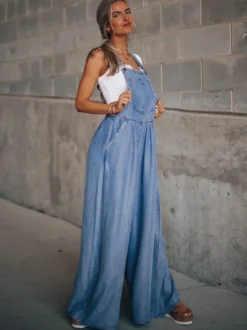 Combishort D'été Large En Jean Convertible Bleu Profond Sans Manches Avec Boutons
