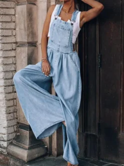 Combishort D'été Large En Jean Convertible Bleu Profond Sans Manches Avec Boutons