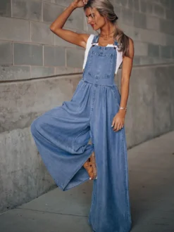Combishort D'été Large En Jean Convertible Bleu Profond Sans Manches Avec Boutons