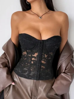 Corset jaune chic sans bretelles coupe ajustée à lacets et broderies
