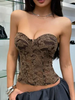 Corset jaune chic sans bretelles coupe ajustée à lacets et broderies