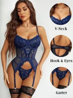 Corset lingerie lacé bustier en dentelle résille bleu marine foncé avec chaussettes hautes