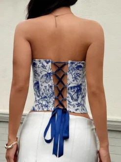 Corsets tops bleus à lacets imprimé floral streetwear lingerie bohème