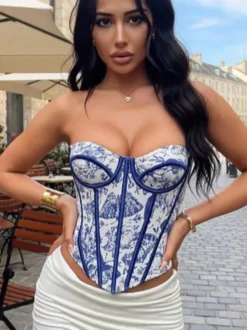 Corsets tops bleus à lacets imprimé floral streetwear lingerie bohème